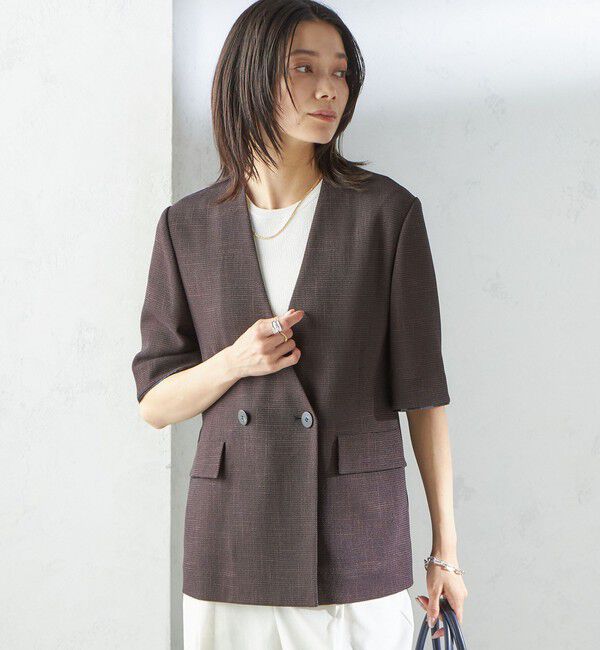 SHIPS for women「〈手洗い可能〉カラミ ノーラペル 半袖 ジャケット」|ノーカラージャケット|