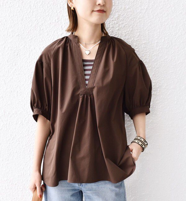 SHIPS for women「〈接触冷感 / 撥水加工〉TEX BRID(R)タフタ スキッパー 5分袖 ブラウス」|シャツ・ブラウス|