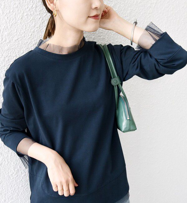SHIPS for women「【WEB限定】チュール コンビ ラウンド カットソー」|Tシャツ・カットソー|ネイビー