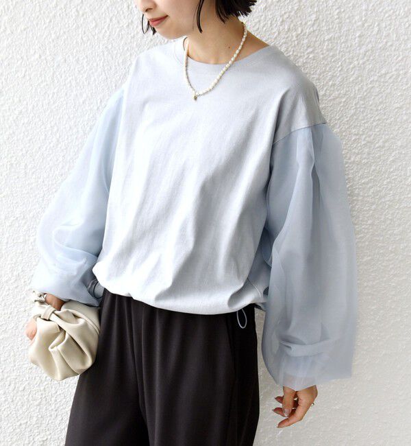 SHIPS for women「【WEB限定】〈手洗い可能〉シアー コンビ 裾 ドロスト プルオーバー」|プルオーバー|