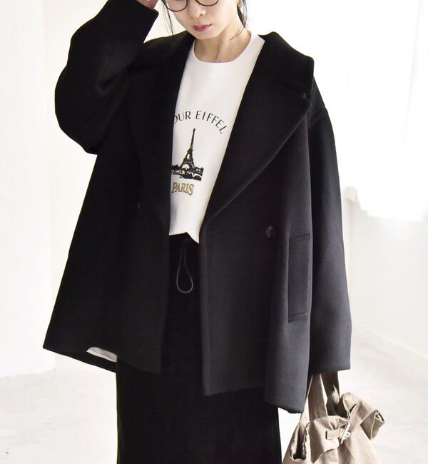 quaranciel「quaranciel: PURE WOOL ダブルブレスト テーラード ハーフ コート」|ピーコート|ブラック