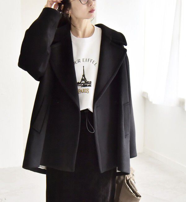 quaranciel「quaranciel: PURE WOOL ダブルブレスト テーラード ハーフ コート」|ピーコート|