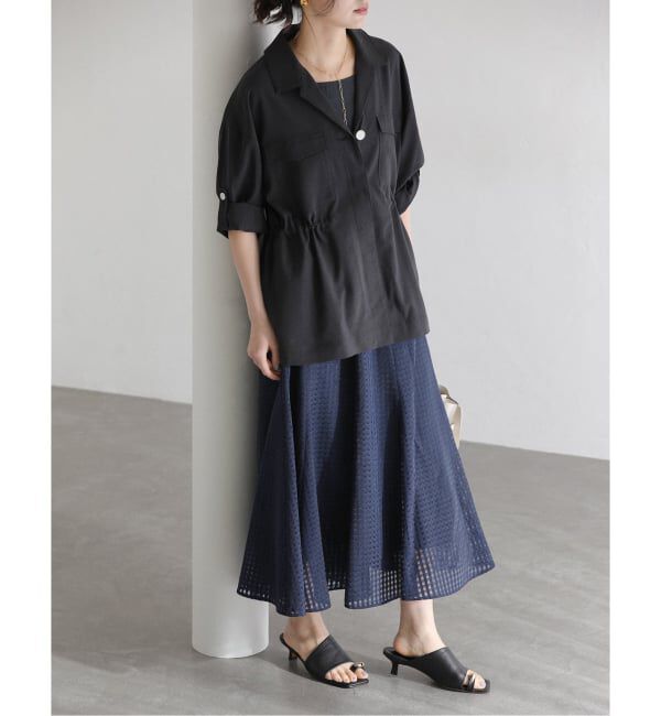  「《予約》【洗える】シアーチェックパネルスカート」|スカート|ネイビー