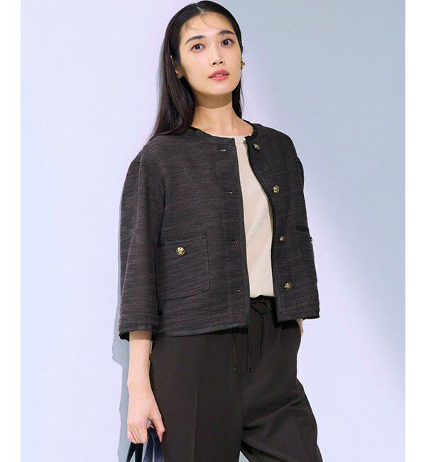 23区「サマーツイード 7分袖 ジャケット」|ノーカラージャケット|ﾀﾞｰｸﾌﾞ