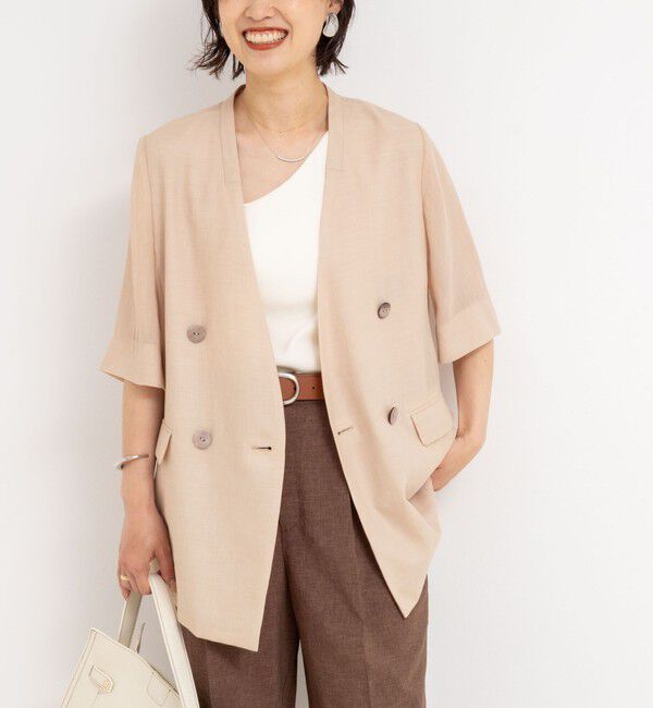 NOLLEY'S「ウォッシャブルリネン風シアー5分袖ジャケット」|ノーカラージャケット|