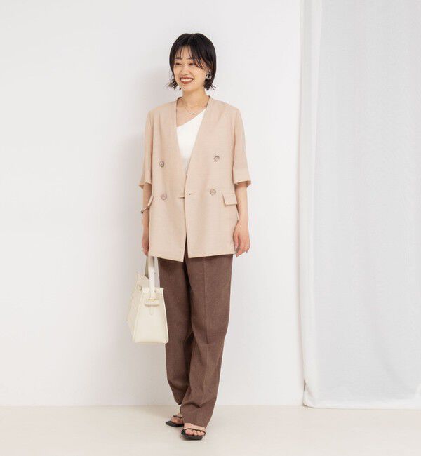 NOLLEY'S「ウォッシャブルリネン風シアー5分袖ジャケット」|ノーカラージャケット|