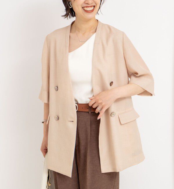 NOLLEY'S「ウォッシャブルリネン風シアー5分袖ジャケット」|ノーカラージャケット|
