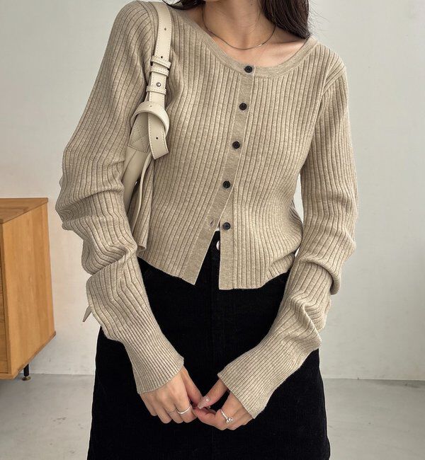  「【新色/オフホワイト】【前後2WAY】カーブスリーブリブニット」|カーディガン|ベージュ