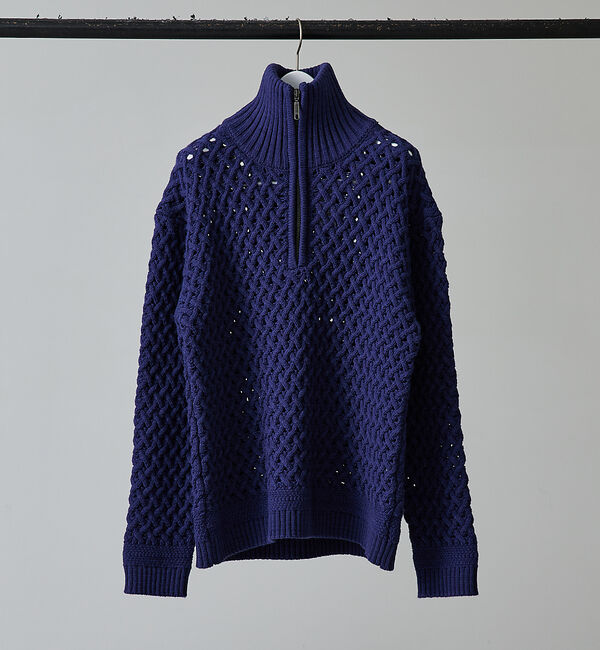 ABAHOUSE「【透かしケーブル】ハーフジップ ニット プルオーバー」|ニット・セーター|ブルー