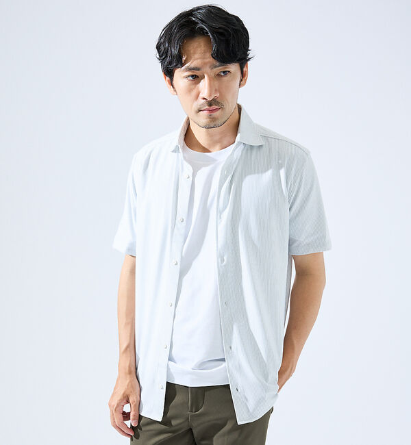 ABAHOUSE「【形状安定性 / 伸縮性】トリコットストライプ 半袖シャツ」|シャツ・ブラウス|グレージュ