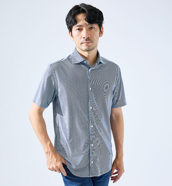 ABAHOUSE「【形状安定性 / 伸縮性】トリコットストライプ 半袖シャツ」|シャツ・ブラウス|ネイビー