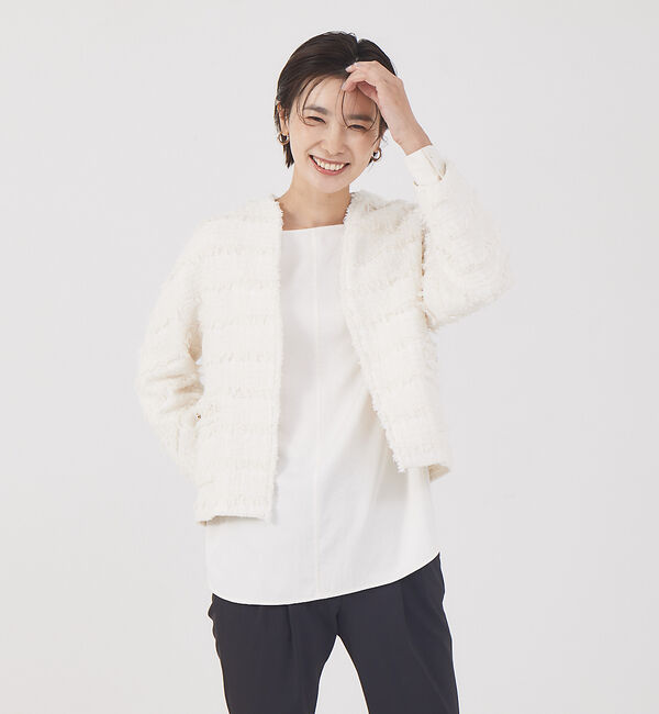 qualite「フリンジツィードジャケット」|ノーカラージャケット|アイボリー