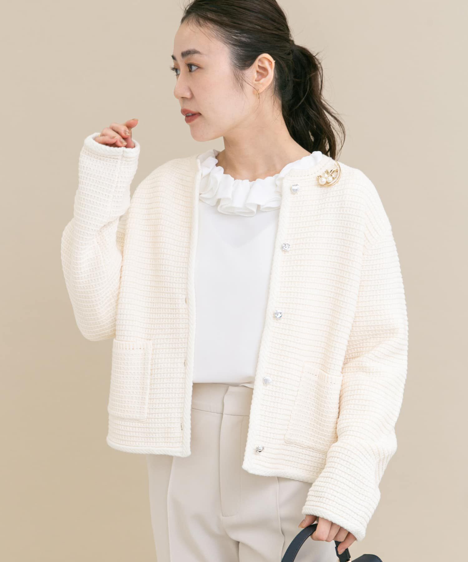 URBAN RESEARCH ROSSO「『WEB/一部店舗限定』ツイードノーカラーニットジャケット」|ノーカラージャケット|オフホワイト