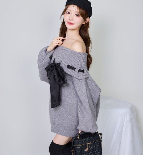  「リボン付きオフショルニットワンピ」|ワンピース|