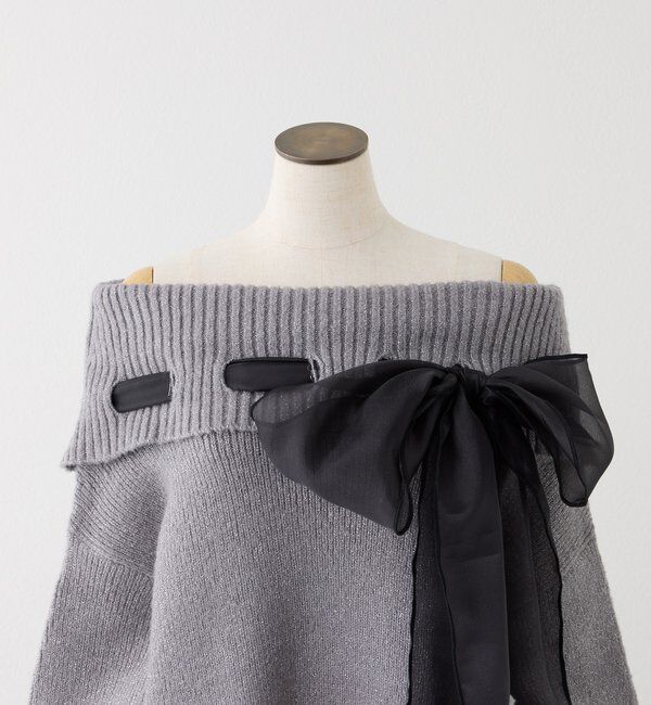  「リボン付きオフショルニットワンピ」|ワンピース|