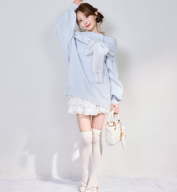  「リボン付きオフショルニットワンピ」|ワンピース|