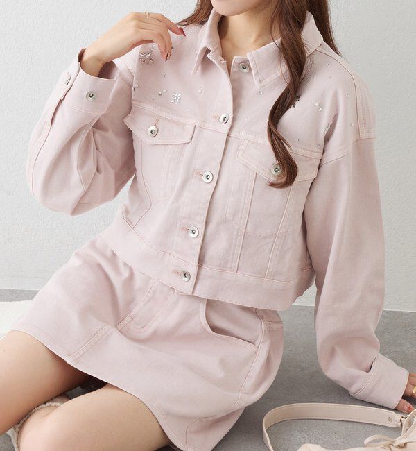  「ビジューデニムジャケット」|ダウンベスト・ベスト|ピンク