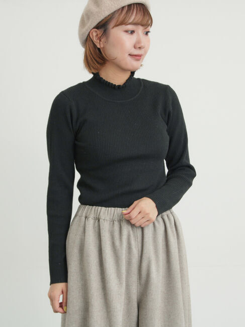 Samansa Mos2「【マシンウォッシャブル】もちもちリブフリルタートルネックニット」|ニット・セーター|ブラック