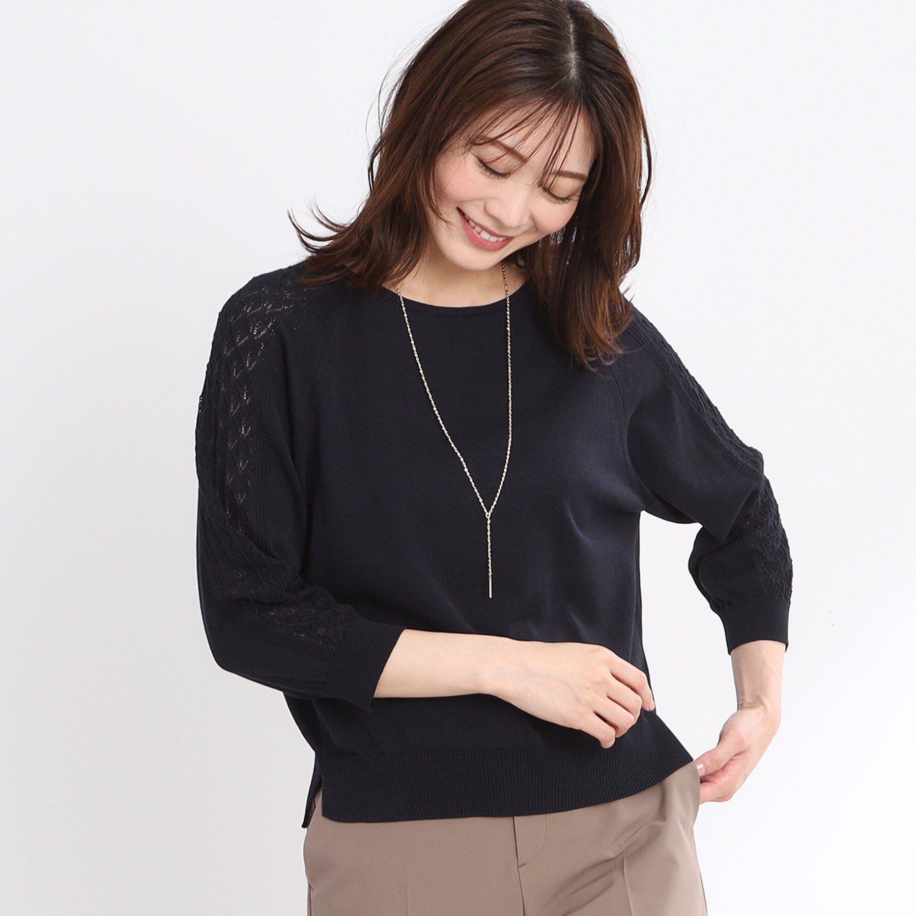 Reflect「【WEB先行カラーあり／手洗い可】透かし柄スリーブニット」|ニット・セーター|ネイビー(094)