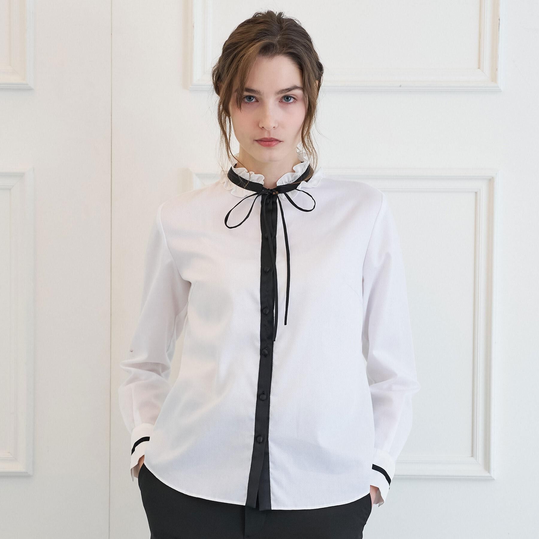 DRESSTERIOR「バイカラーリボンタイフリルネックブラウス」|シャツ・ブラウス|