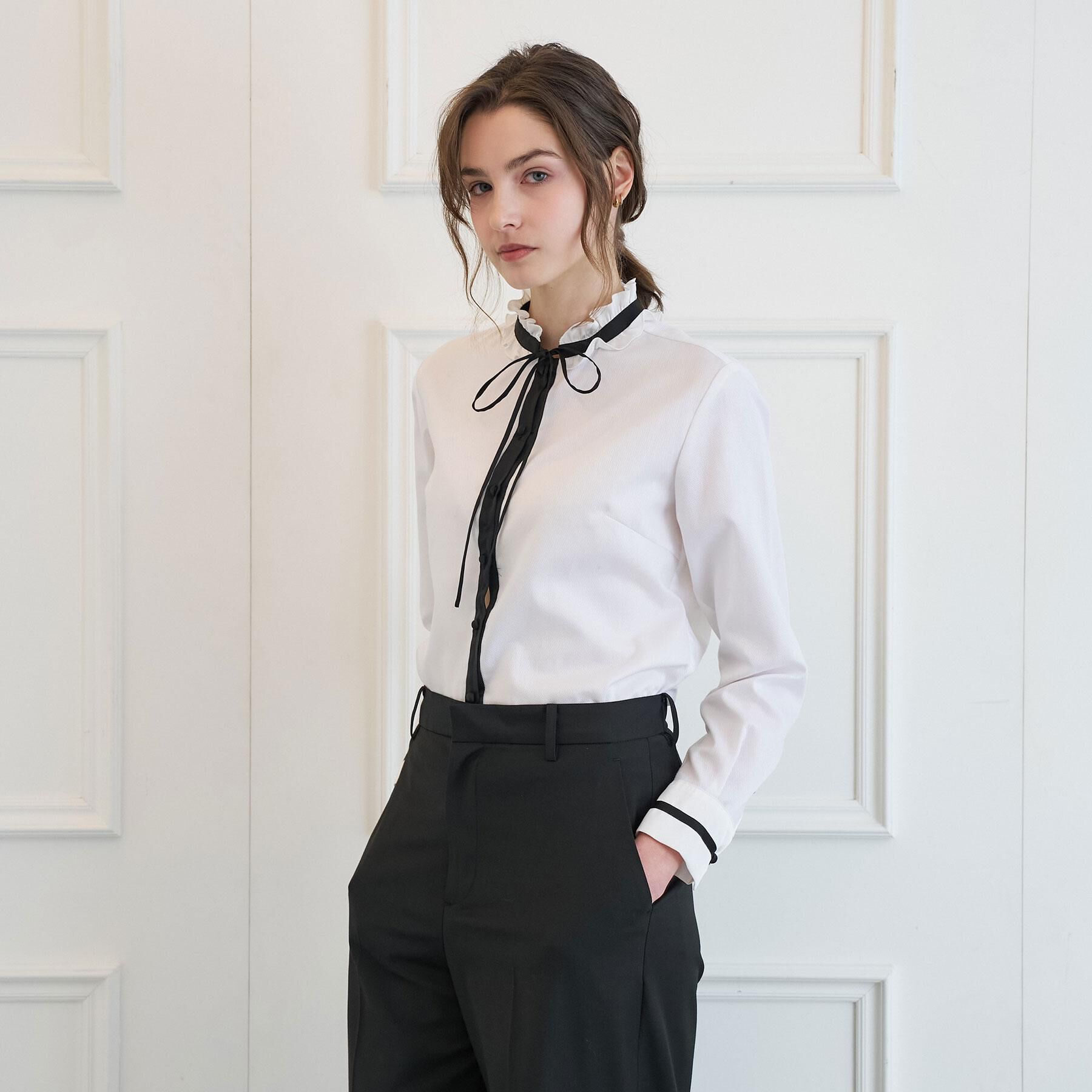 DRESSTERIOR「バイカラーリボンタイフリルネックブラウス」|シャツ・ブラウス|