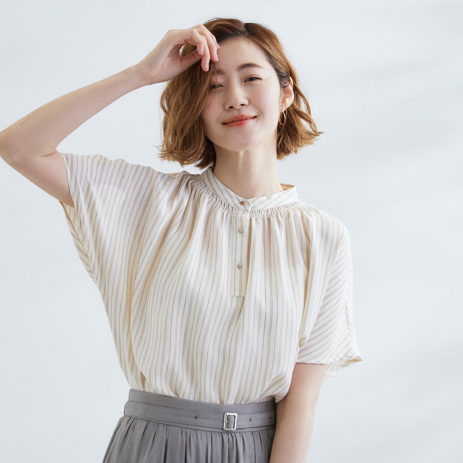 grove「【さらりと着られる/二の腕カバー】多機能ドルマンスリーブブラウス」|シャツ・ブラウス|ストライプ(303)