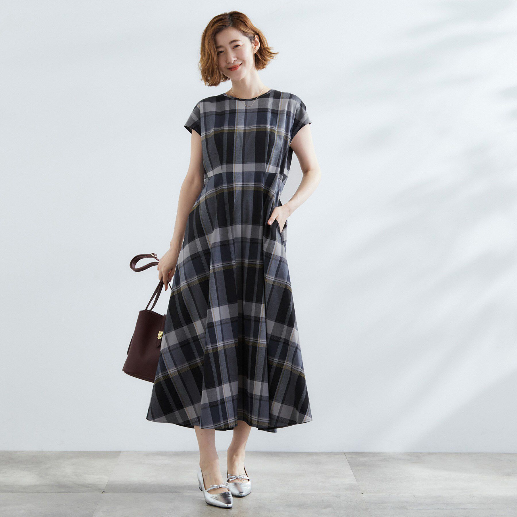 grove「秋を先取り！ビッグチェック フィット＆フレアワンピース」|ワンピース|