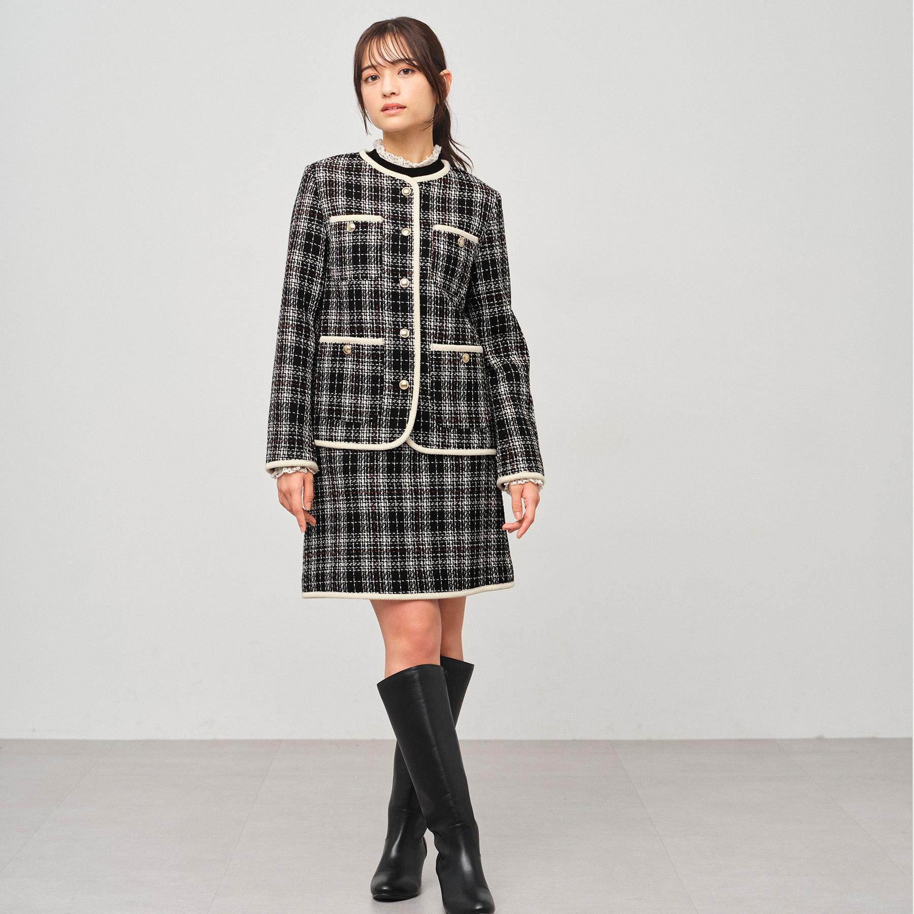 index「チェックツイードジャケットコート/セットアップ対応【洗える】」|ノーカラージャケット|