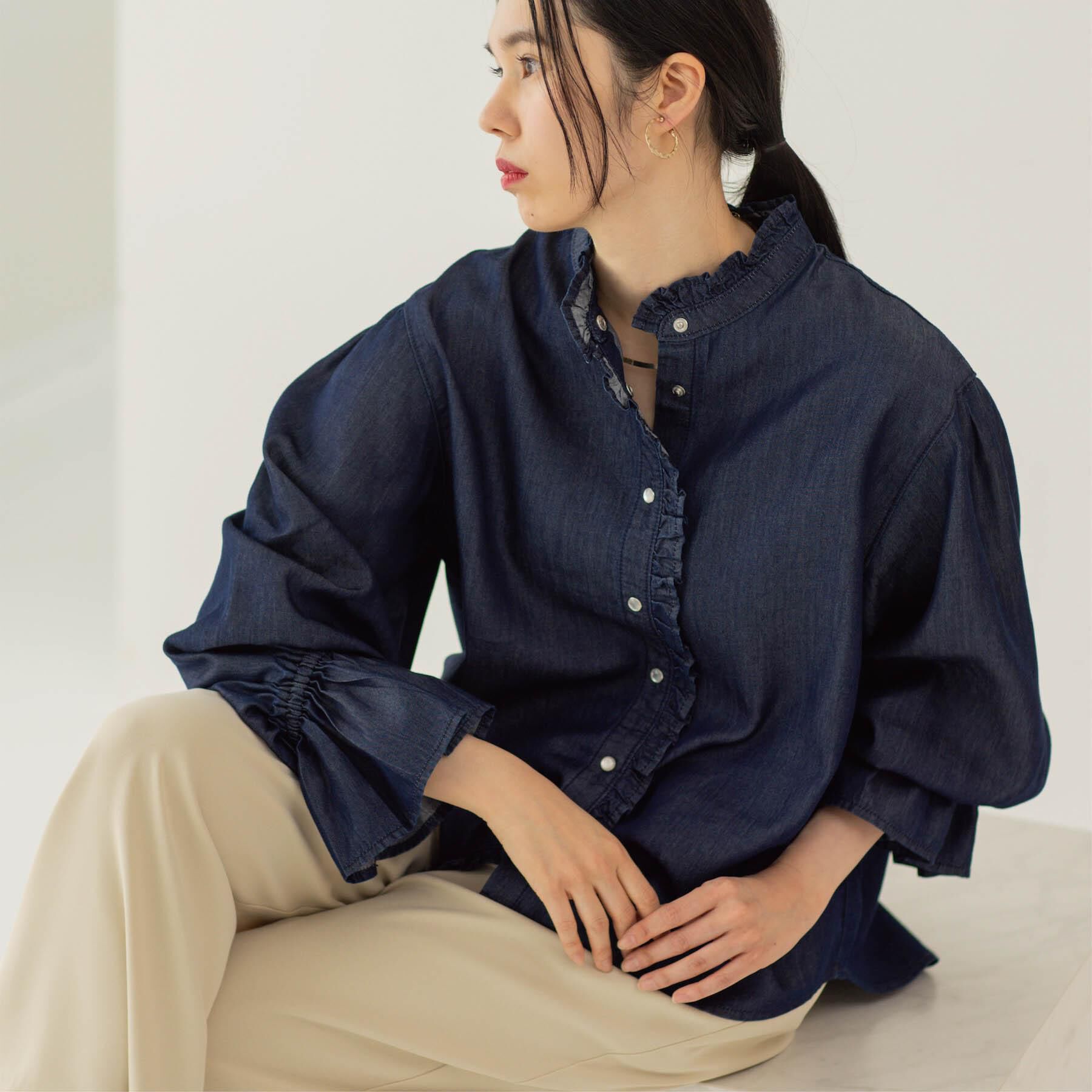 OPAQUE.CLIP「セルロース混デニムフリルブラウス【洗濯機OK】」|シャツ・ブラウス|