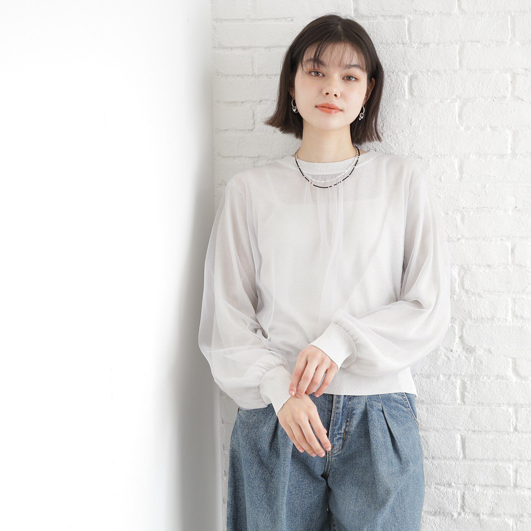 THE SHOP TK「チュール&times;ラメニット【洗える】」|ニット・セーター|ライトグレー(014