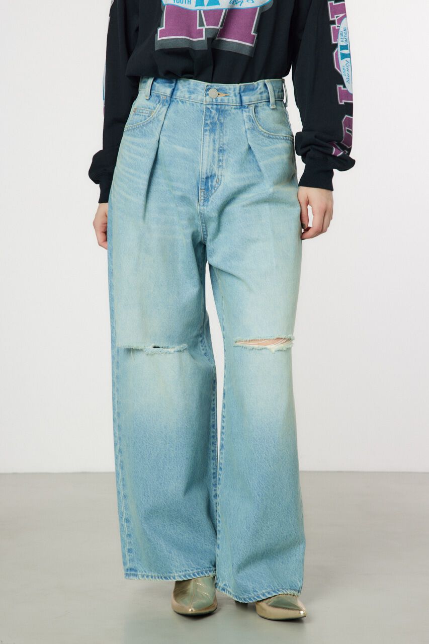 RODEO CROWNS「タックワイドクラッシュデニムパンツ」|デニム|L/BLU1