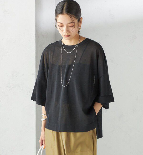 SHIPS for women「〈手洗い可能〉18G フィルミーコットン ワイド ショート スリーブ プルオーバー」|ニット・セーター|