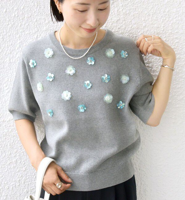 SHIPS for women「〈手洗い可能〉フラワー ビジュー ショート スリーブ ニット プルオーバー」|ニット・セーター|グレー