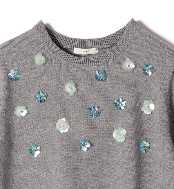 SHIPS for women「〈手洗い可能〉フラワー ビジュー ショート スリーブ ニット プルオーバー」|ニット・セーター|