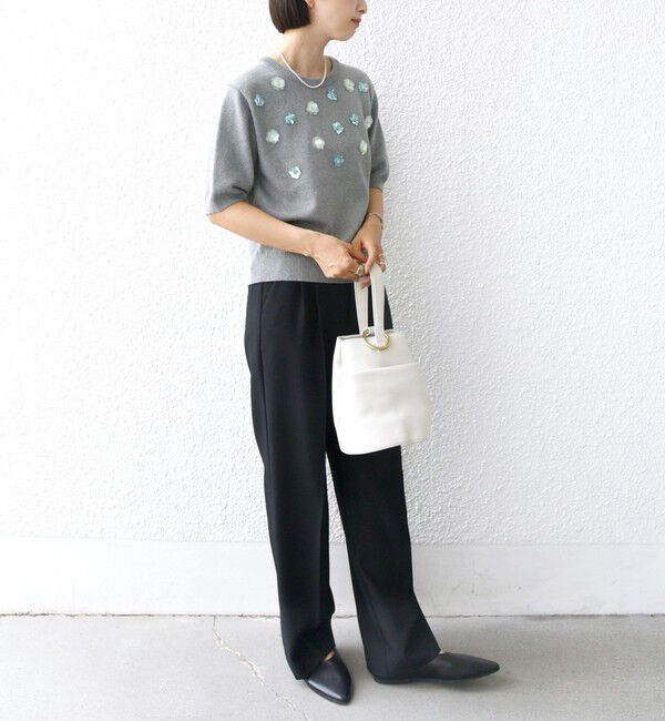 SHIPS for women「〈手洗い可能〉フラワー ビジュー ショート スリーブ ニット プルオーバー」|ニット・セーター|