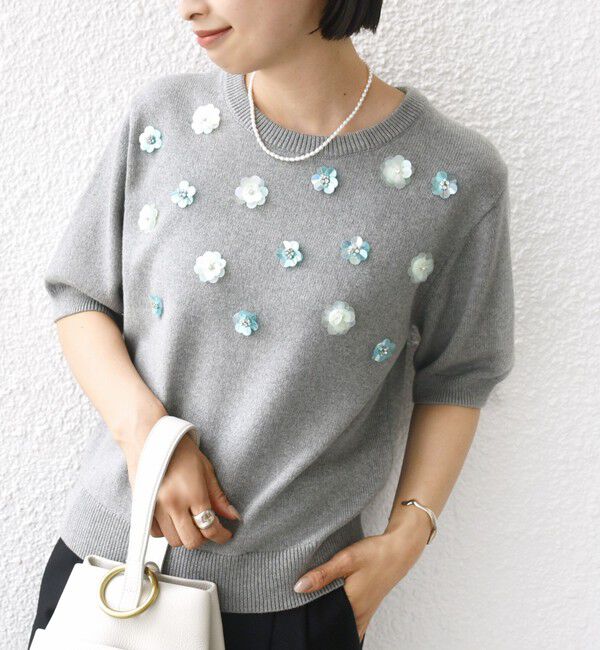 SHIPS for women「〈手洗い可能〉フラワー ビジュー ショート スリーブ ニット プルオーバー」|ニット・セーター|