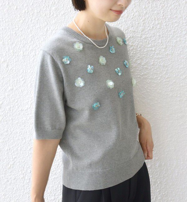 SHIPS for women「〈手洗い可能〉フラワー ビジュー ショート スリーブ ニット プルオーバー」|ニット・セーター|