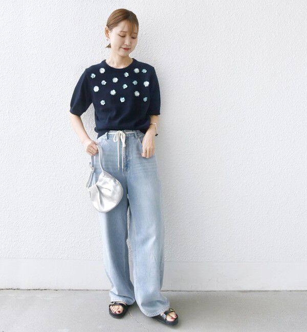 SHIPS for women「〈手洗い可能〉フラワー ビジュー ショート スリーブ ニット プルオーバー」|ニット・セーター|