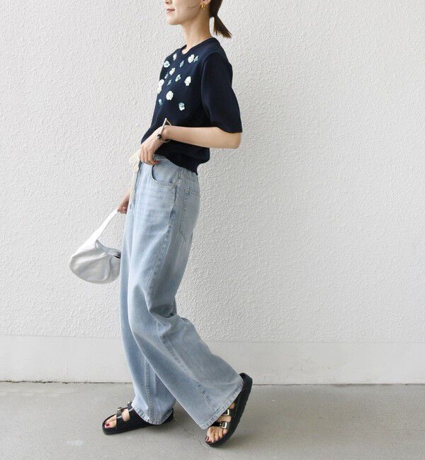 SHIPS for women「〈手洗い可能〉フラワー ビジュー ショート スリーブ ニット プルオーバー」|ニット・セーター|