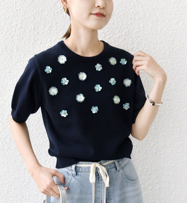 SHIPS for women「〈手洗い可能〉フラワー ビジュー ショート スリーブ ニット プルオーバー」|ニット・セーター|