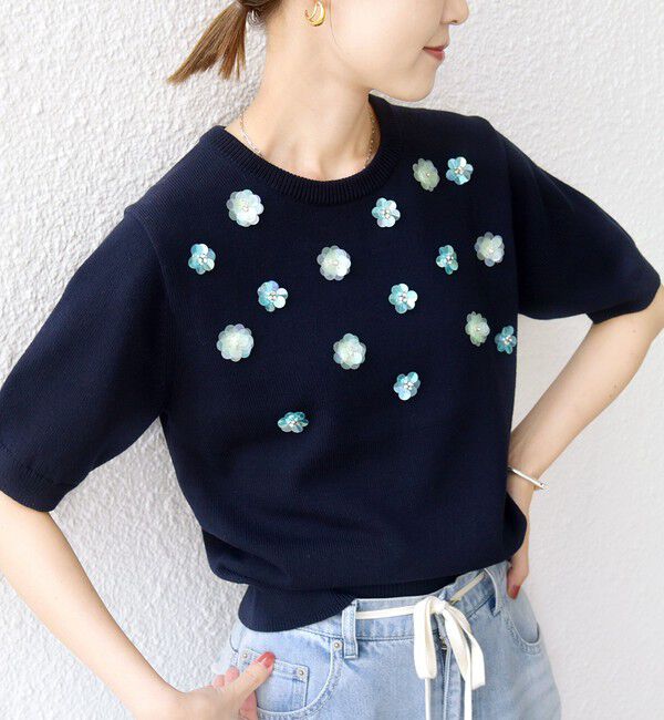SHIPS for women「〈手洗い可能〉フラワー ビジュー ショート スリーブ ニット プルオーバー」|ニット・セーター|