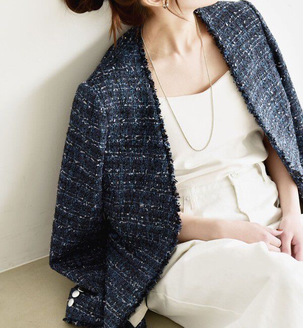 quaranciel「quaranciel: ツイード ノーラペル フリンジ ジャケット」|ノーカラージャケット|ネイビー