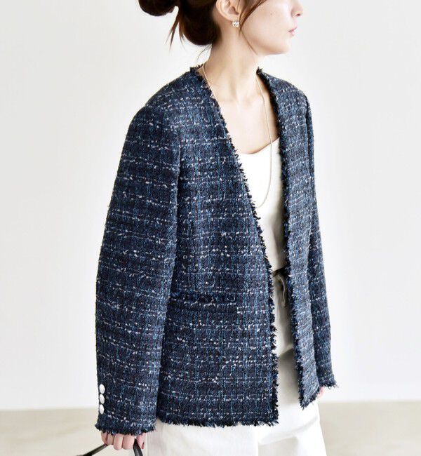 quaranciel「quaranciel: ツイード ノーラペル フリンジ ジャケット」|ノーカラージャケット|