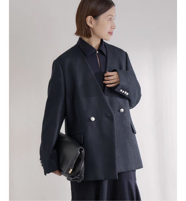 IENA「&NAVY ツィーディーダブルジャケット」|ノーカラージャケット|