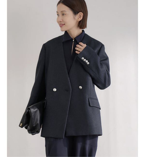 IENA「&NAVY ツィーディーダブルジャケット」|ノーカラージャケット|ネイビー