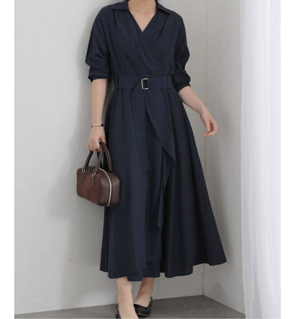  「【洗える】カシュクールシャツワンピース」|ワンピース|ネイビー