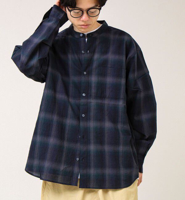GLOSTER「【夏まで使える】テクスチャーバンドカラーチェックシャツ」|シャツ・ブラウス|ブラック系その他