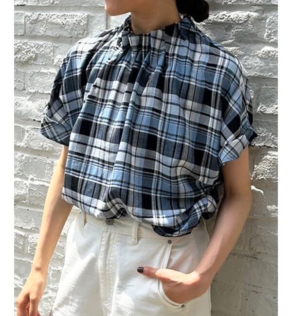 le.coeur blanc「《手洗い可能》チェックハイネックギャザードルマンフレンチブラウス」|シャツ・ブラウス|