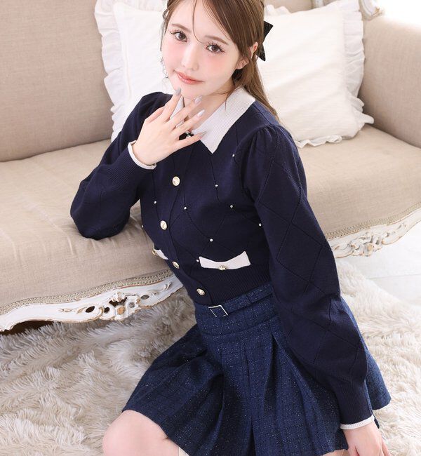  「配色ビジュー付ポロニット」|ニット・セーター|