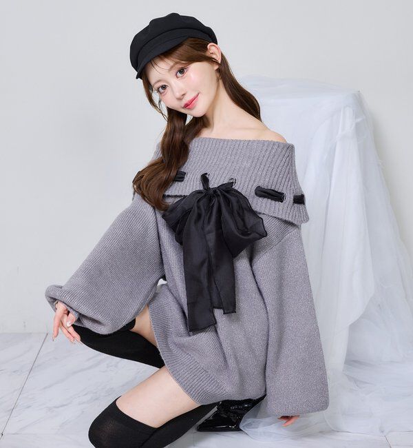  「リボン付きオフショルニットワンピ」|ワンピース|